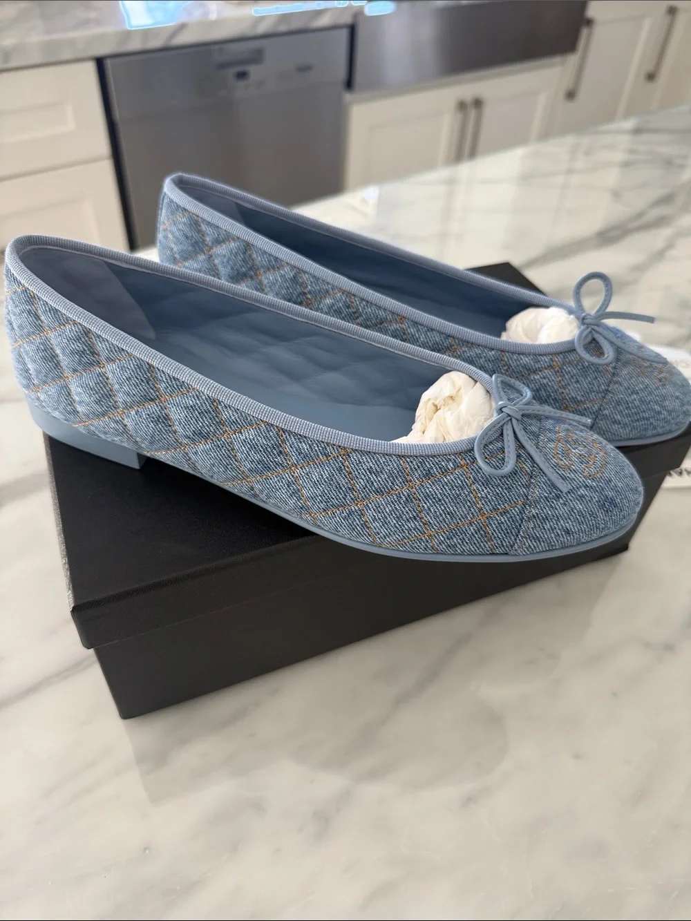 CHANEL Light Blue Quilted Denim Ballet Flats with Bow